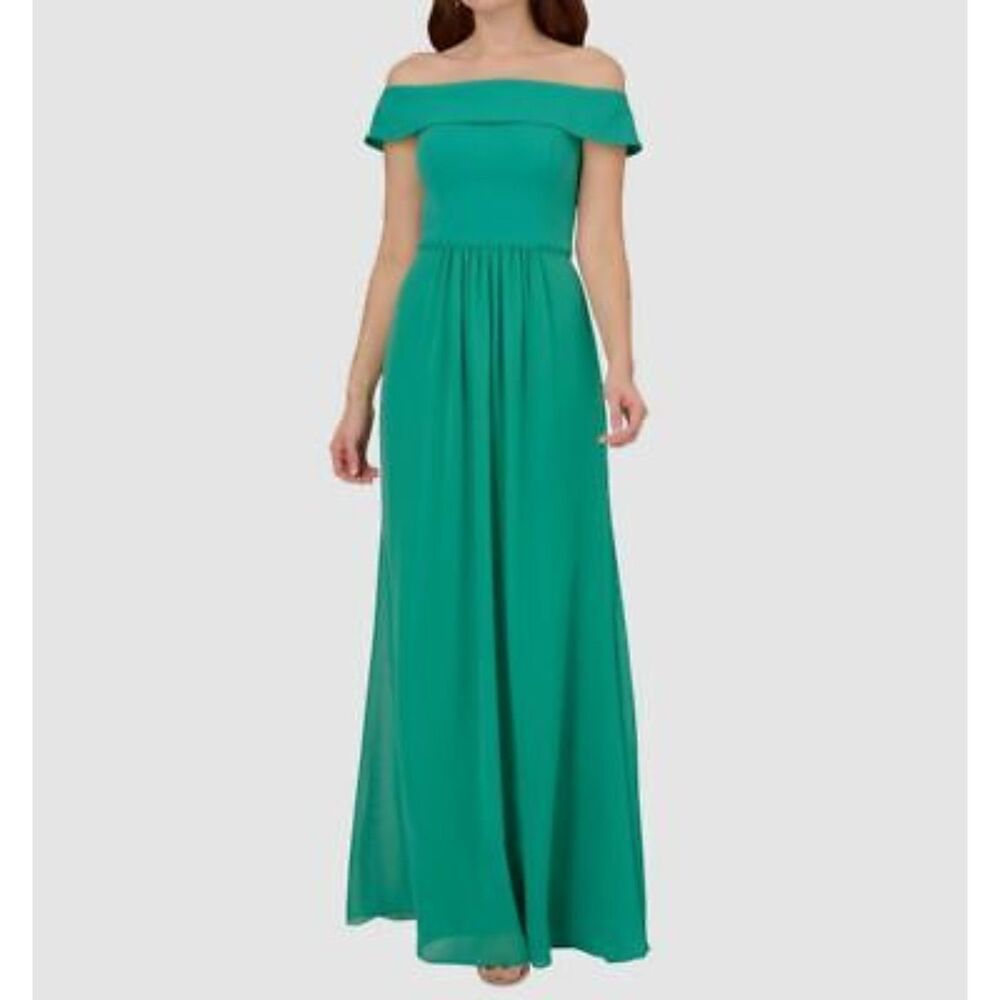 Adrianna Papell Off The Shoulder Maxi Dress Womens 4 Kelly Green Bridesmaid Long